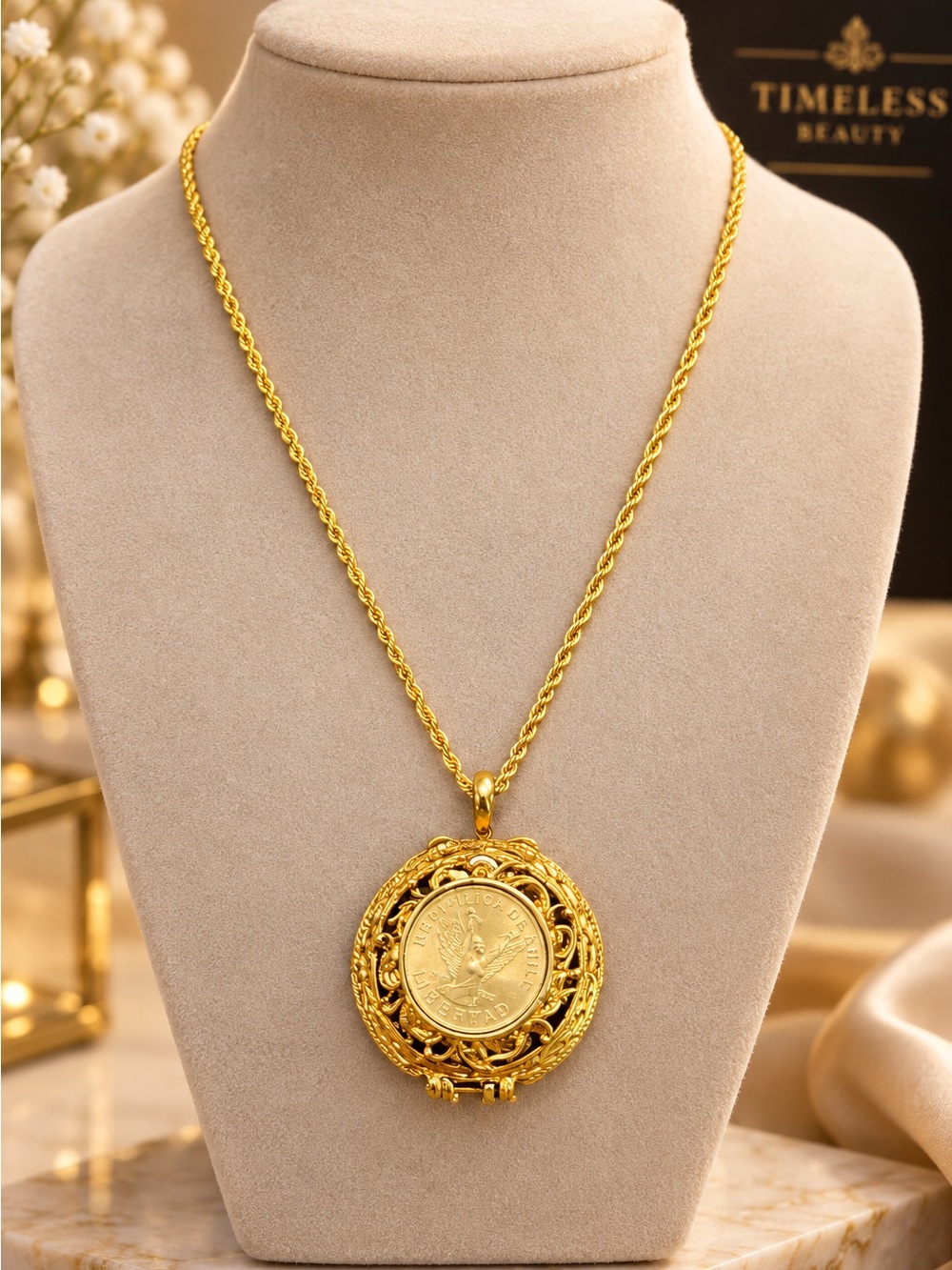 MUSTARD SEED LOCKET ANGEL COIN PENDANT NECKLACE GOLD TONE 24” chain